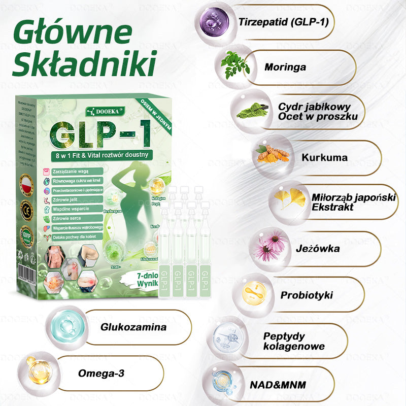 🌿 DOOEKA® GLP-1 8 w 1 Fit & Vital roztwór doustny – Raz dziennie, widoczne zmiany w ciągu 7 dni / W przypadku otyłości, zdrowia serca i układu krążenia, cukrzycy, bezdechu sennego, zdrowia jelit, problemów ze stawami i wielu innych