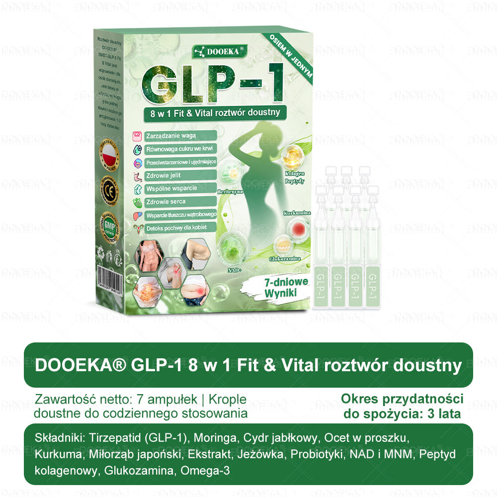 🌿 DOOEKA® GLP-1 8 w 1 Fit & Vital roztwór doustny – Raz dziennie, widoczne zmiany w ciągu 7 dni / W przypadku otyłości, zdrowia serca i układu krążenia, cukrzycy, bezdechu sennego, zdrowia jelit, problemów ze stawami i wielu innych