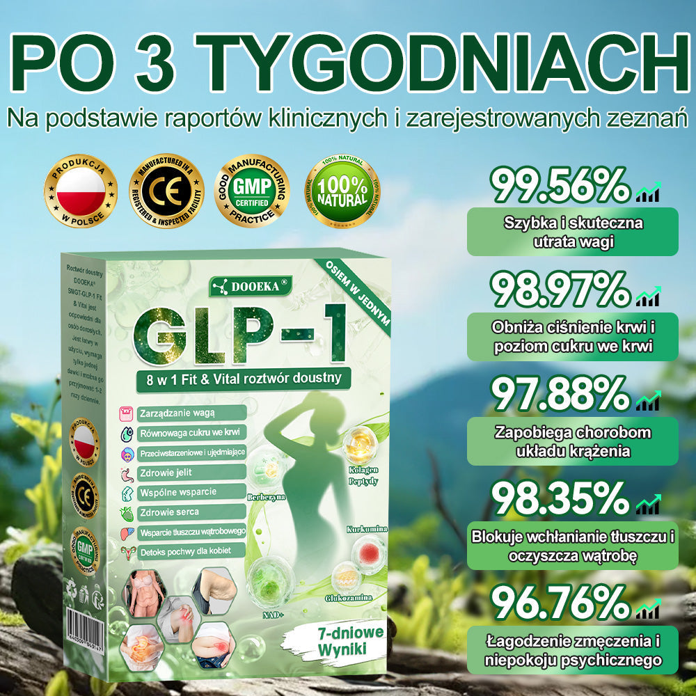 🌿 DOOEKA® GLP-1 8 w 1 Fit & Vital roztwór doustny – Raz dziennie, widoczne zmiany w ciągu 7 dni / W przypadku otyłości, zdrowia serca i układu krążenia, cukrzycy, bezdechu sennego, zdrowia jelit, problemów ze stawami i wielu innych